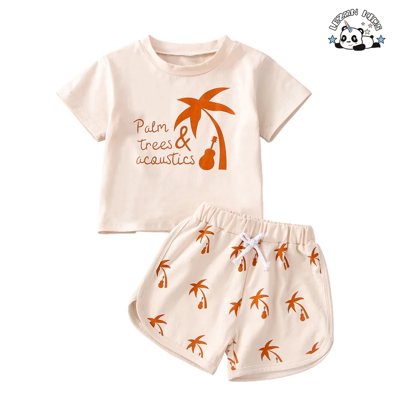 LEZONKIDS - 2024 Most Popular Pure Cotton Children Suit Knitted Coconut Print Casual Tops and Shorts Boy Set